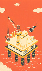 Naklejka premium Offshore Oil Rig with Helicopter and Crane on Vibrant Ocean Background