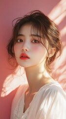 Fototapeta premium Portrait of a Young Woman with Soft Features Against a Pink Background