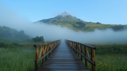 Foggy Bridge Leading to Mountain View