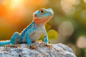 Obraz premium Blue and Orange Lizard Perched on a Rock