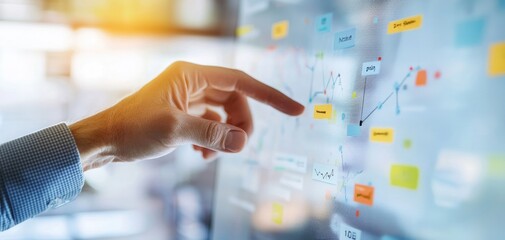 Close-up of a consultant s hand using a digital whiteboard to outline strategies, digital whiteboard use, business planning