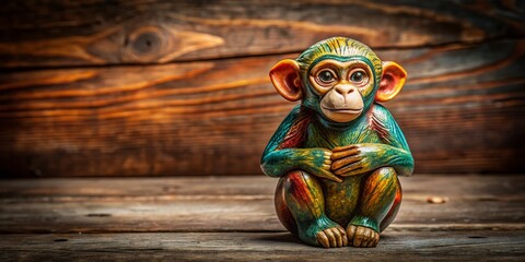 Fototapeta premium Ceramic Monkey Figurine on Rustic Wooden Surface - Decorative Art, Home Decor, Unique Collectible, Animal Figurine, Handcrafted, Nature Inspired, Stylish Accent for Interiors
