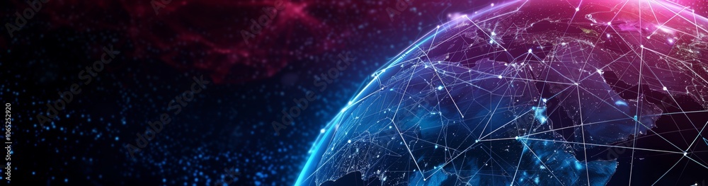 Fototapete An astonishing perspective of Earth from outer space, revealing the intricate web of global connections through digital data exchange and communication lines spanning across continents