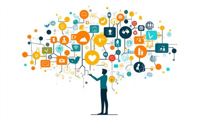 Modern illustration of a business professional reaching out to digital icons of people on a virtual screen