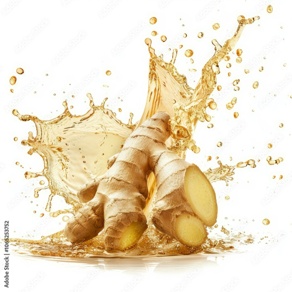 Poster fresh ginger root is splashing into juice creating a refreshing dynamic splash