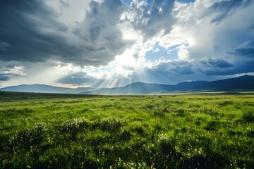 Bright sunlight streams through dramatic clouds, illuminating the vibrant green meadow. This tranquil scene captures the beauty of nature at dawn, with mountains in the distance