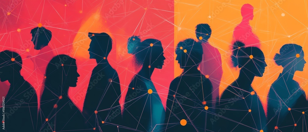 Fototapete Stylized image of a network of people linked by lines, emphasizing the intricacy of collaboration in business, with a modern aesthetic and vibrant colors to capture attention