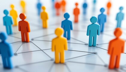 Stylized image of interconnected people in an online setting, symbolizing business and human resources connections, featuring a simple and effective layout with bright colors