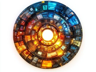 A vibrant circular design featuring a radiant center, comprised of colorful tiles in shades of blue, orange, and yellow.