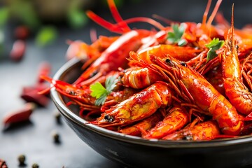 A bowl filled with vibrant shrimp, garnished with fresh herbs, showcases the rich colors and textures of the seafood, perfect for a casual dining experience