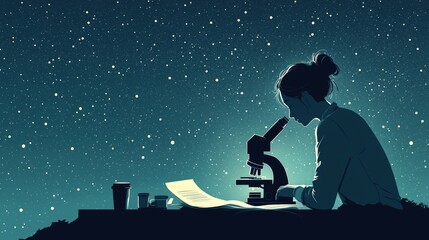 Fototapeta premium Late Night Scientist Using Microscope Under Starry Sky