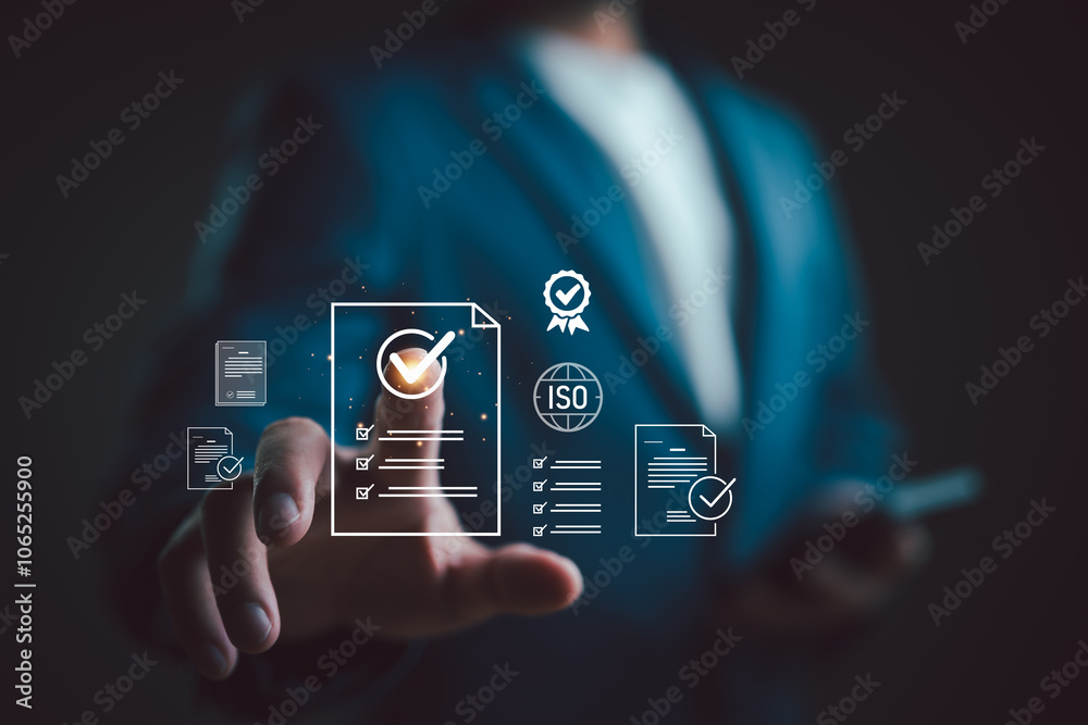 Poster ISO standards quality control, assurance and warranty business technology concept. Showing on screen with ISO and document checklist icons, ISO Standard certification. Modern ISO banner.