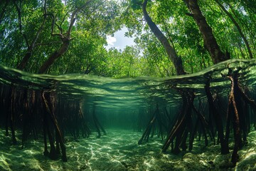 Obraz premium Aerial view of vibrant mangrove ecosystems. Natural carbon sinks. Mangrove vegetation absorbs co2. Coastal carbon ecosystems. Mangrove environments lower carbon footprint