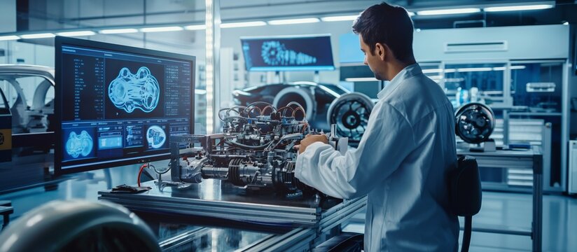 A skilled engineer is developing a cuttingedge automotive engine in a stateoftheart lab. It showcases modern design, precision technology, and groundbreaking vehicular innovation