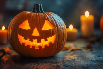 Obraz premium A festive carved pumpkin with a cheerful face emits a warm glow, surrounded by flickering candles in a rustic environment, capturing the essence of Halloween