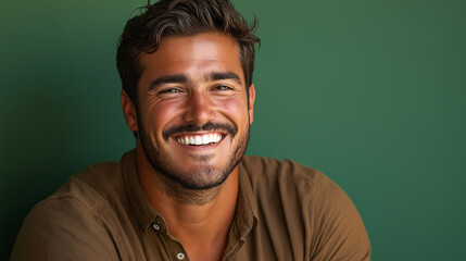 Fototapeta premium Portrait of a Handsome Man Smiling with White Teeth Against Green Background