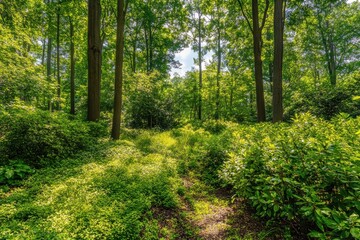 Obraz premium Lush bushy plants and soaring timberlands forming a forest beside a charming pathway
