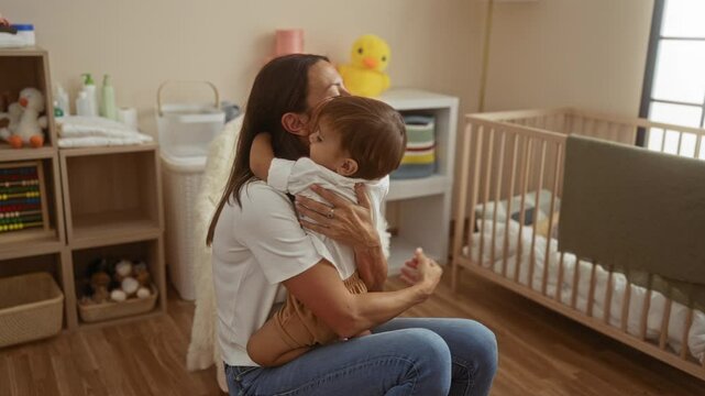 Woman hugging son in cozy bedroom with daughter nearby, surrounded by toys and cradle, evoking a warm family bond indoors.
