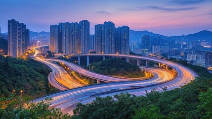 Urban Landscape at Twilight with City Lights and Roads