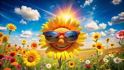 Cheerful Cartoon Sun with Sunglasses in Double Exposure Style for Vibrant Summer Vibes, Happiness, and Fun Imagery