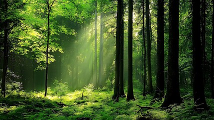 Obraz premium Sunlight filtering through a dense green forest, illuminating the mossy ground.