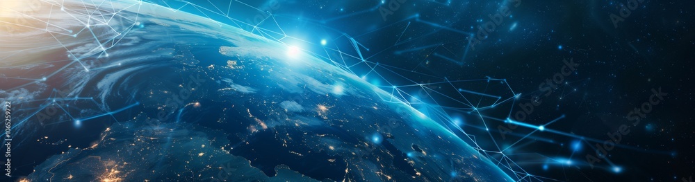 Poster a captivating view of the earth from space, illuminated by vibrant lights and connected by advanced 