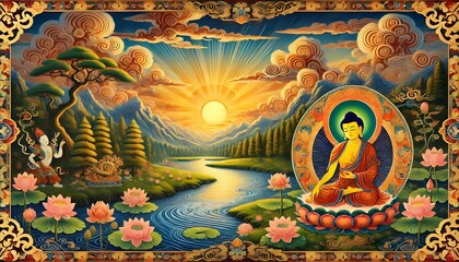 Fototapeta premium Buddha in Sunset - Tibetan Art Style
