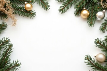 Festive Christmas Frame with Red and Gold Ornaments and Natural Pine Cones with Copy Space