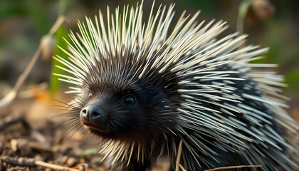 Detailed shot of an African porcupine with spiky quills and curious eyes in natural habitat