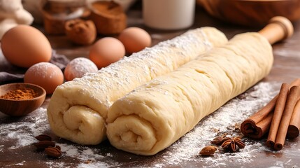 Fototapeta premium Freshly rolled dough with eggs and spices for baking, warm and inviting kitchen scene.