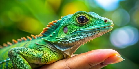 Obraz premium Chinese Water Dragon Lizard on Human Hands - Captivating Reptile Interaction with Nature, Exotic Pet Care, and Unique Animal Portraits for Wildlife Enthusiasts and Animal Lovers