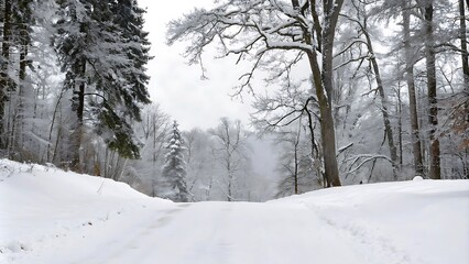 Obraz premium In a winter landscape, a road covered in snow and trees covered in snow