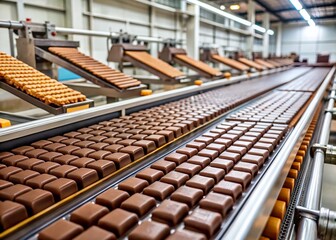 Chocolate Bars on Production Line in Factory - Industrial Manufacturing, Confectionery Process, Factory Equipment, Sweet Treats, Food Production, Assembly Line, Chocolate Industry, 