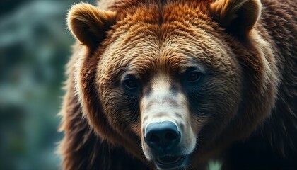 Powerful grizzly bear with dense brown fur and intense eyes showcasing its raw strength