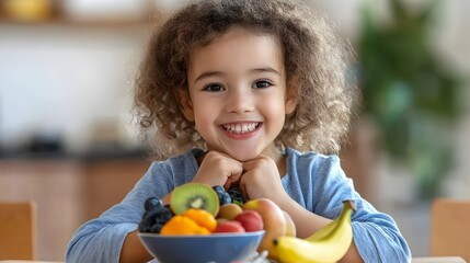 Fototapeta premium Smiling Child Joyfully Eating Colorful Bowl of Fresh Nutritious Fruits