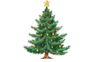 Christmas tree isolated on isolated transparent background. Tree adorned with gold star, red and gold ornaments, single red ornament. Gray border contrasts with vibrant colors. Alpha mask.