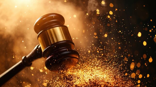 Golden gavel radiating celestial light beams to represent high fidelity in justice