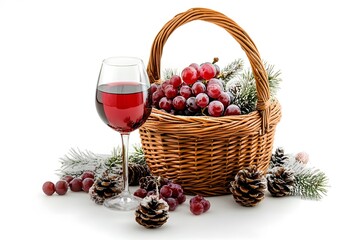 Festive Wine   Grapes in Basket with Pine Cones and Snow