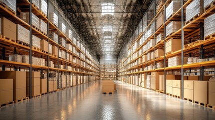 Fototapeta premium A large warehouse with rows of stacked cardboard boxes on shelves.
