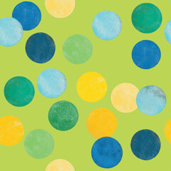Seamless pattern, vector illustration. Texture with Brazilian colors, green, blue and yellow. Polka dots print, vibrant colors, confetti. Fun theme, party, carnival. Replicable.