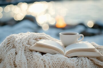 An open book and a warm drink on a knitted blanket, with a campfire and winter landscape in the background.