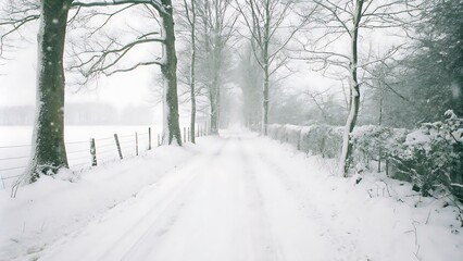 Obraz premium In a winter landscape, a road covered in snow and trees covered in snow
