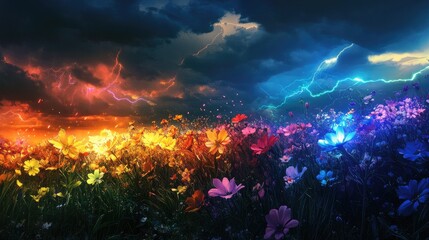 Fototapeta premium Vibrant Flowers Under a Stormy Sky