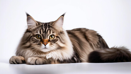 Obraz premium Siberian cat lies on a white background.