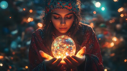 Naklejka premium A young woman gazes into a glowing crystal ball, surrounded by enchanting lights.