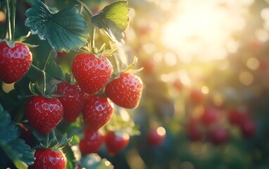 Charming closeup of juicy red strawberries on the vine, captured in warm sunlight, providing a bright and inviting fruit photography scene with copy space