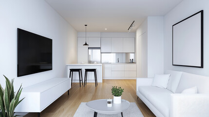 Modern living room with a minimalist design, featuring a white sofa, sleek furniture, and a stylish kitchen area.