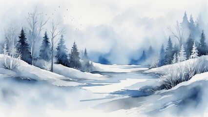 Obraz premium Snowy river watercolor landscape with pine trees and winter tones for serene decor