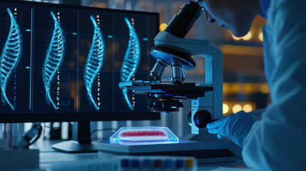 Scientist examining DNA samples under a microscope in a modern laboratory, showcasing advanced genetic research and technology.