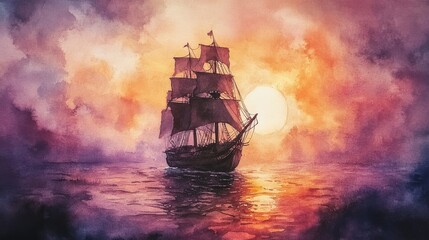 Obraz premium A Ship Sailing into a Dramatic Sunset Watercolor Painting